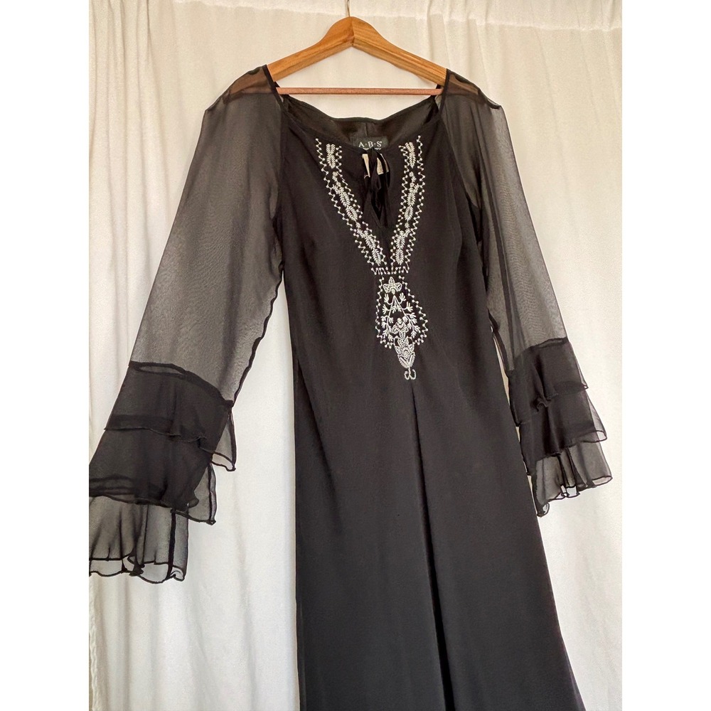 ABS Black Embroidered Dress Sheer Ruffle Sz 12 Y2K Whimsigoth Dark Fairy - Picture 2 of 10